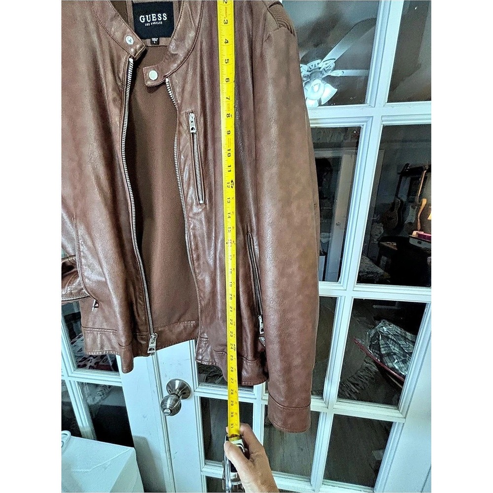 GUESS Brown Faux Leather Moto Jacket Mens Large Zip Front Snap Collar 119AU407 - Picture 5 of 9